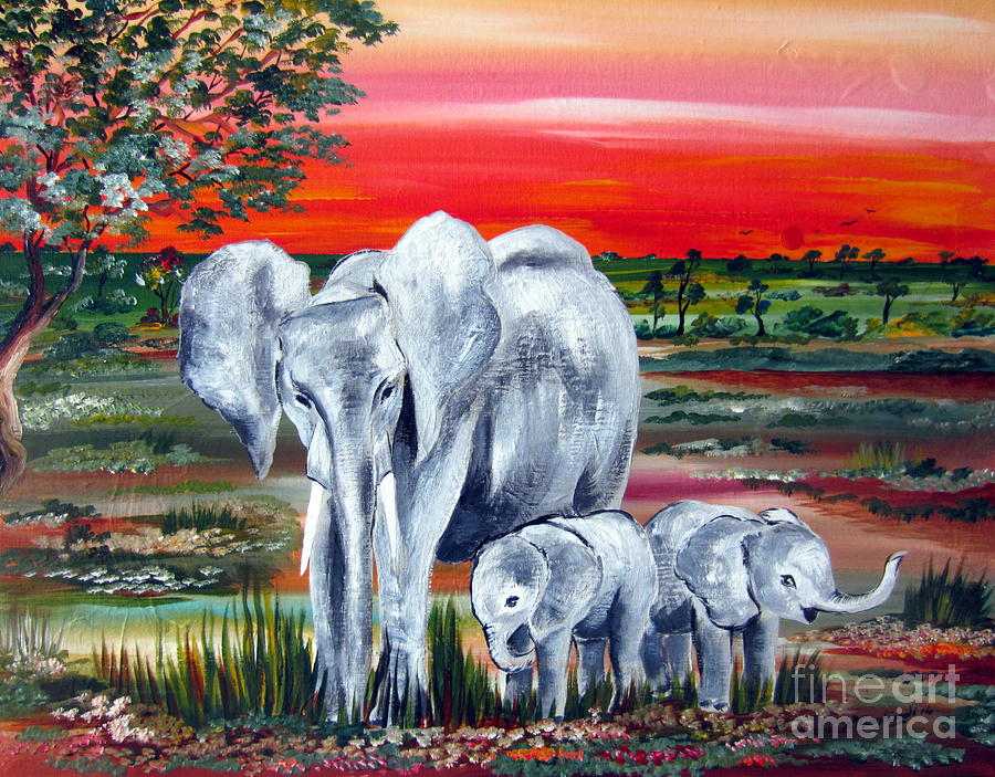 Mother and kids elephants Painting by Roberto Gagliardi