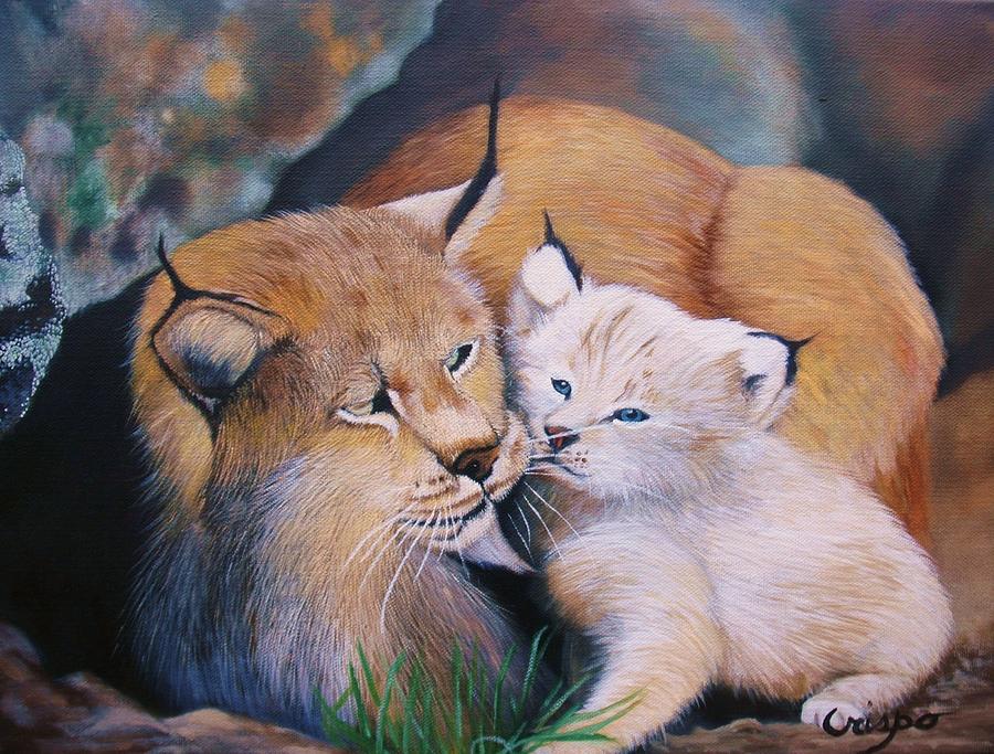 Mother and kitten bobcat Painting by Jean Yves Crispo