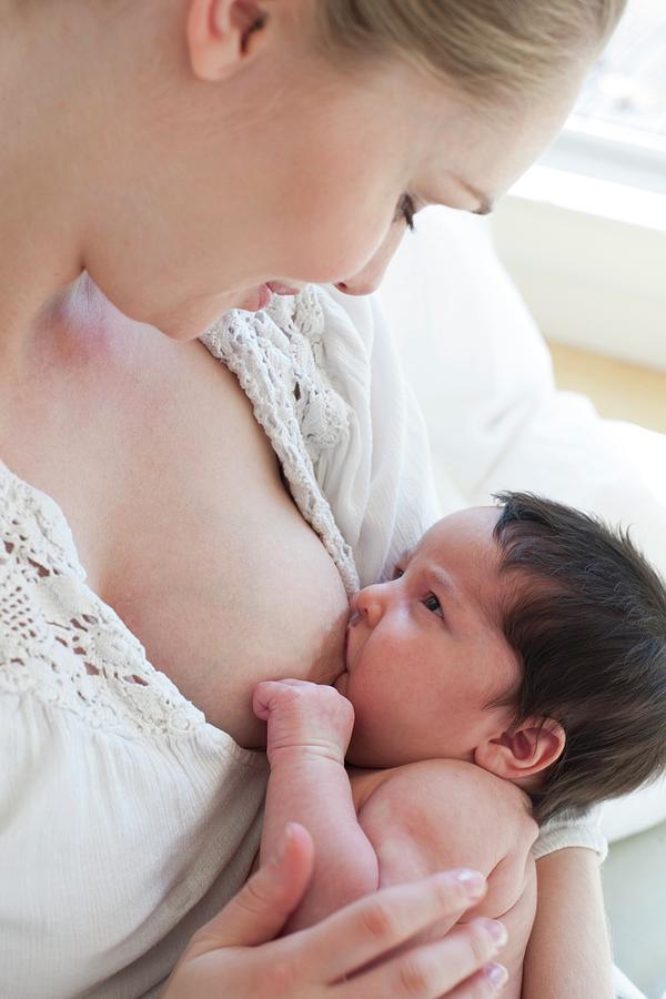 Portrait Photograph - Mother Breast Feeding Baby by Ian Hooton/science Photo Library
