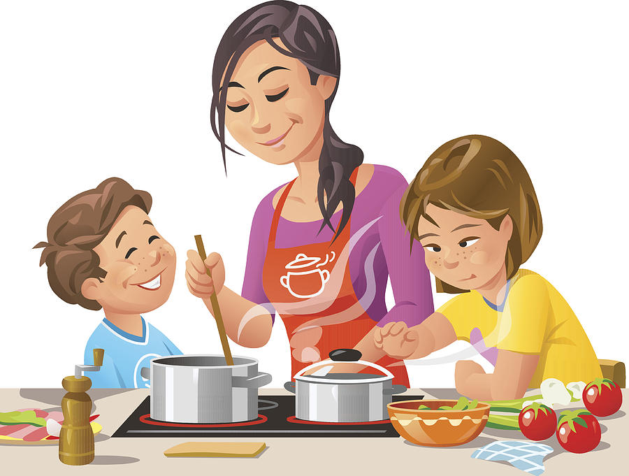 Mother Cooking With Kids Drawing by Kbeis