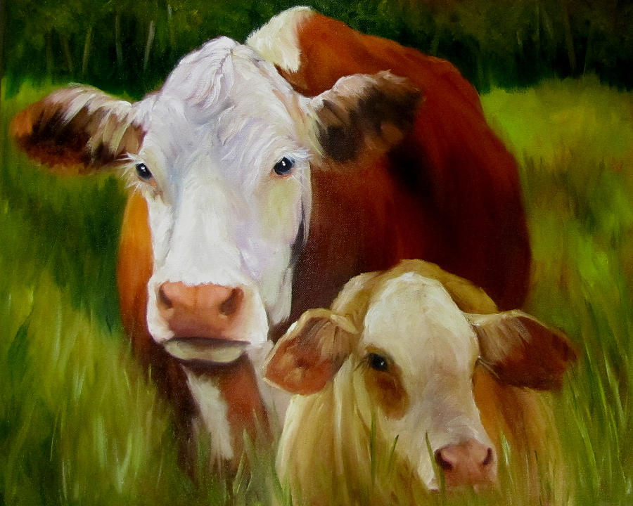 Mother Cow and Baby Calf Painting by Cheri Wollenberg