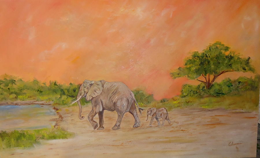 Mother Elephant Leads Baby to Water Painting by Charme Curtin
