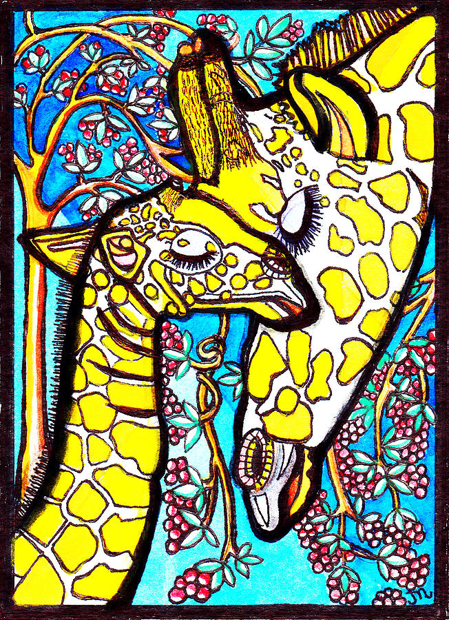 Tree Painting - Mother Giraffe with Baby by Judy Moon