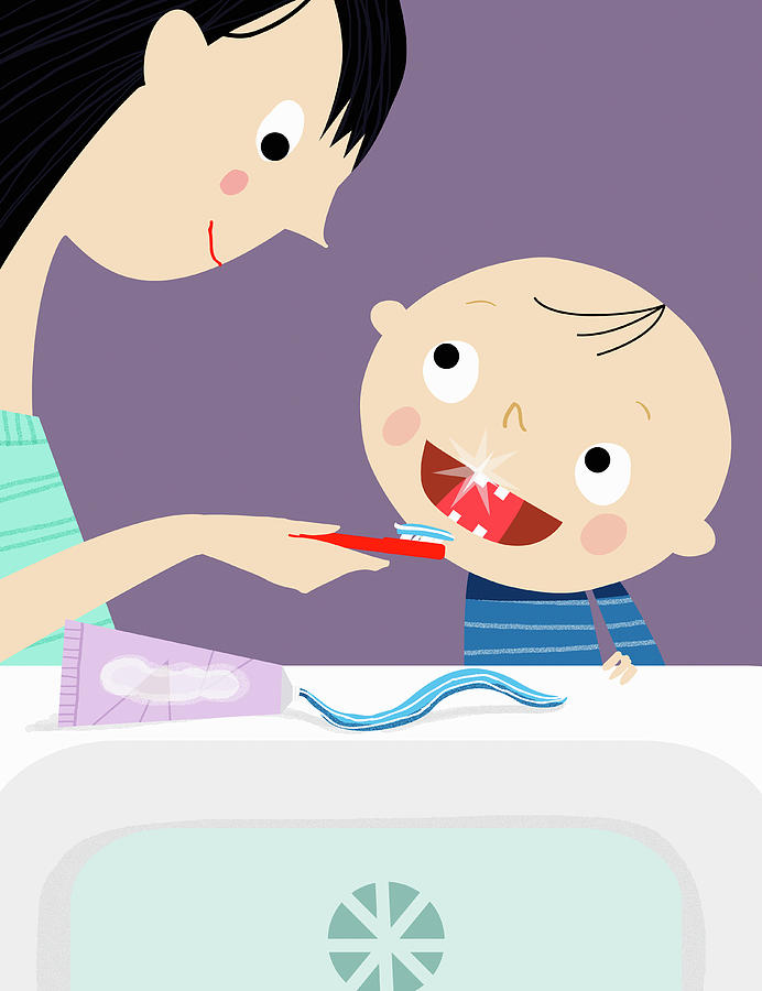 Mother Helping Son Brush Teeth Photograph by Ikon Ikon Images