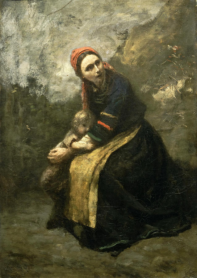 Mother Protecting Her Child Painting by Jean-Baptiste-Camille Corot