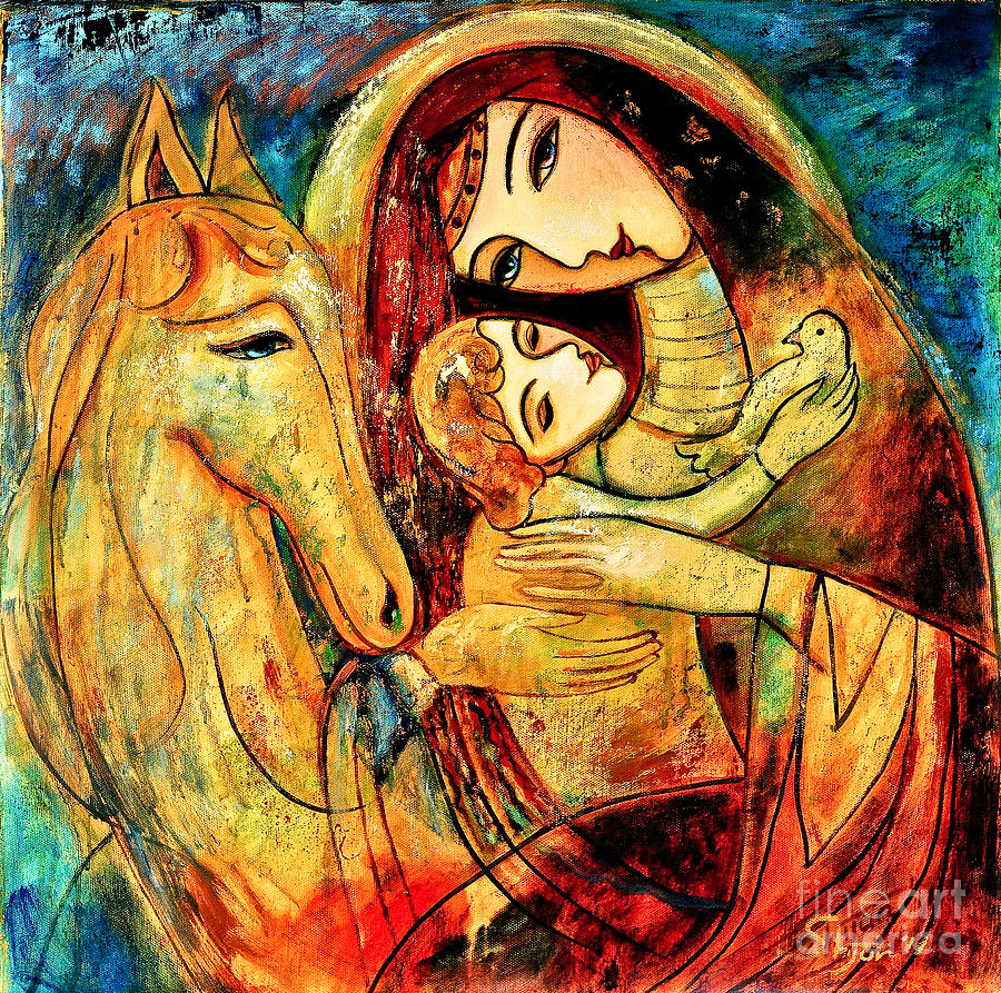 Madonna Painting - Mother with Child on horse by Shijun Munns