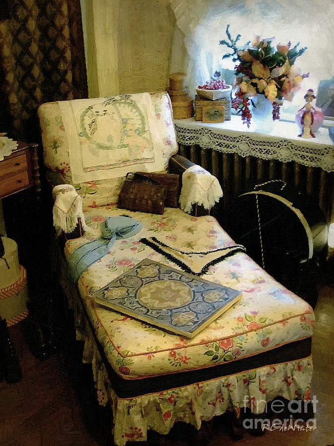 Still Life Painting - Mothers Chintz Chaise in the Corner by RC DeWinter