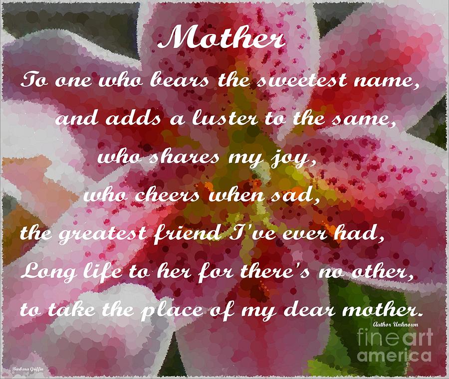Mothers Day Greeting  Digital Art by Barbara A Griffin