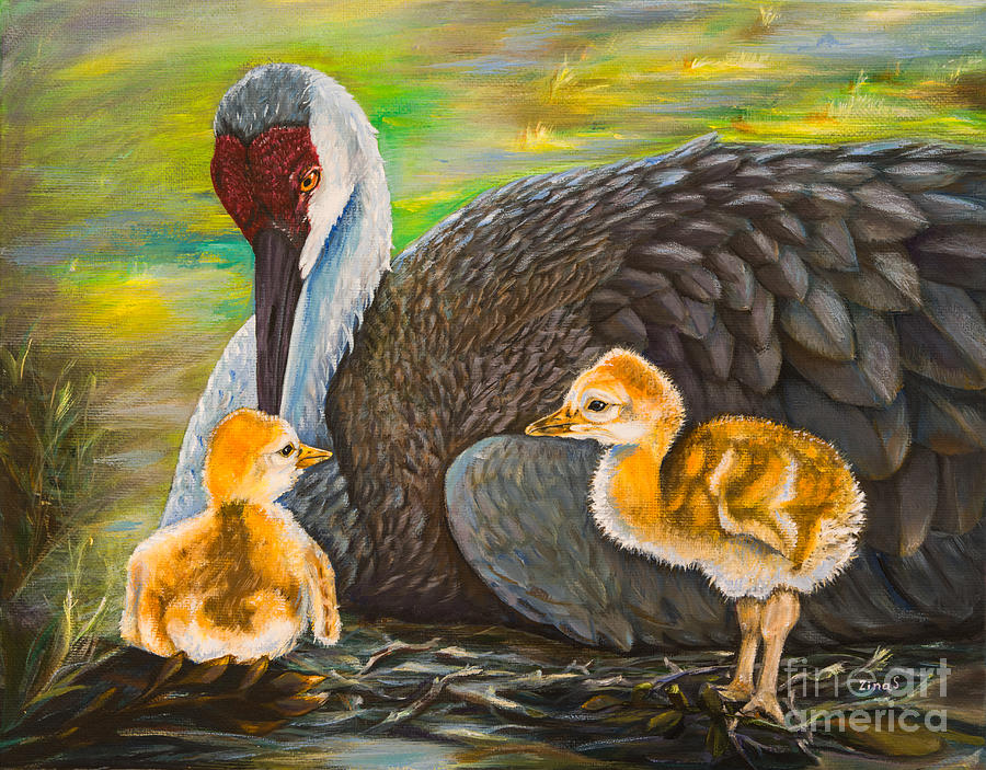 Crane Painting - Mothers love by Zina Stromberg