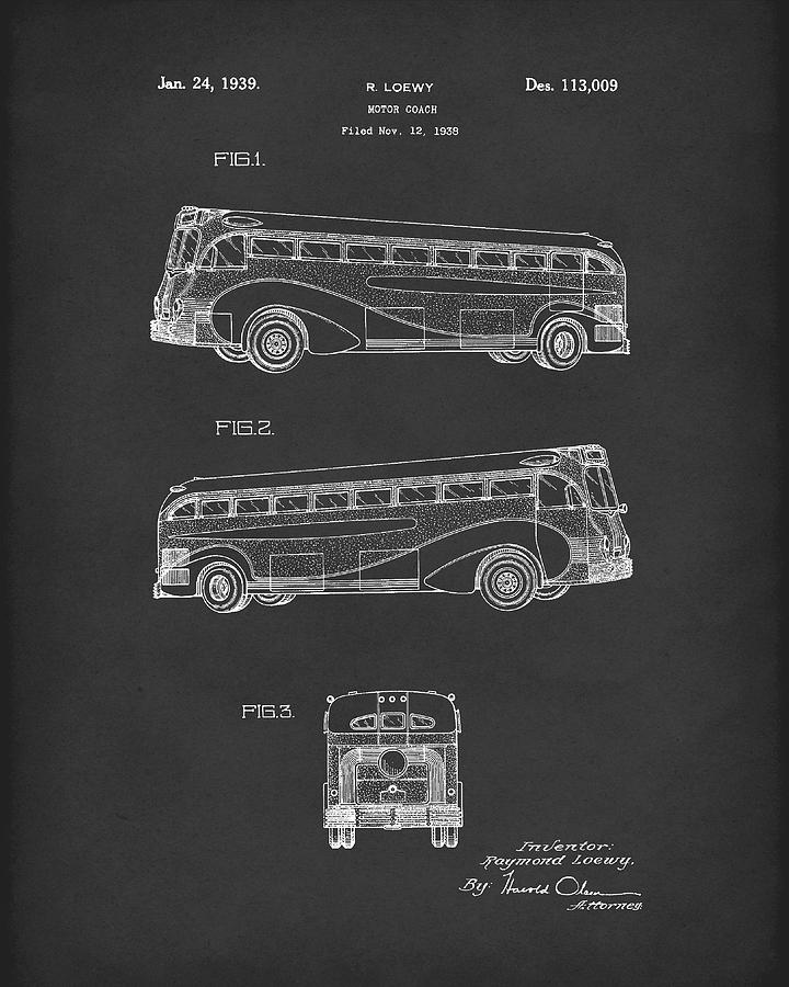 Motor Coach 1939 Patent Art Black Drawing by Prior Art Design