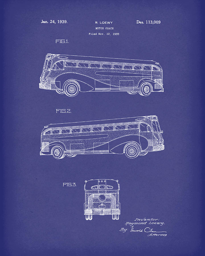 Motor Coach 1939 Patent Art Blue Drawing by Prior Art Design