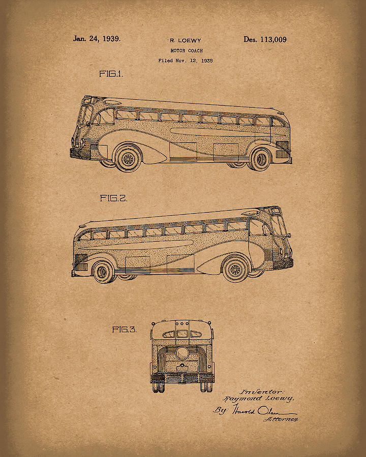 Loewy Drawing - Motor Coach 1939 Patent Art Brown by Prior Art Design