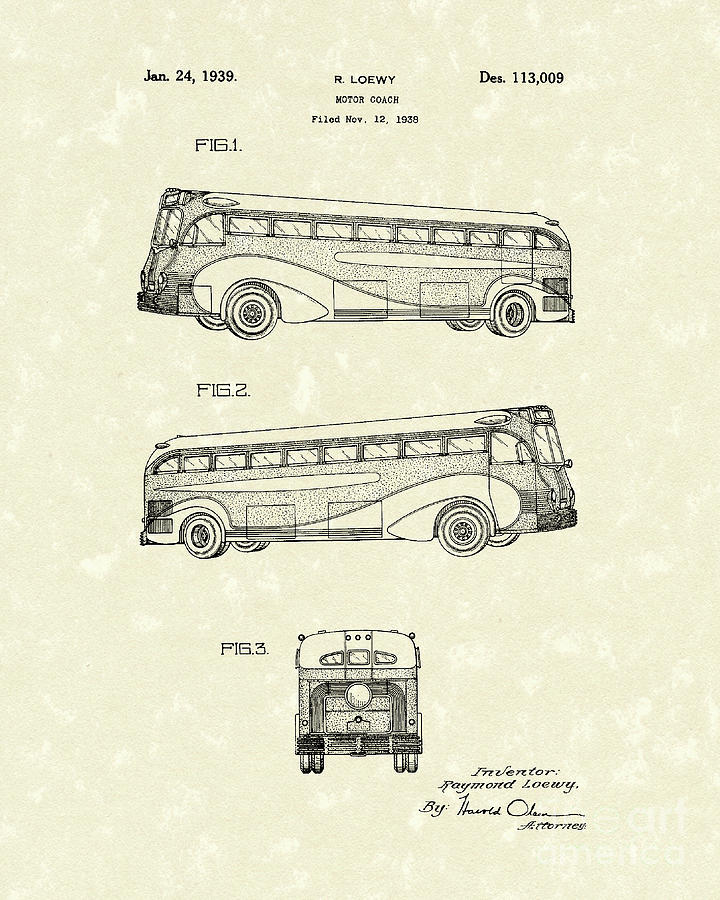 Motor Coach 1939 Patent Art Drawing by Prior Art Design