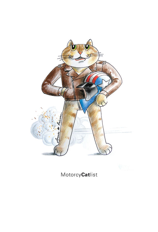 Cat Drawing - MotorcyCATlist by Louise McClain Reeves