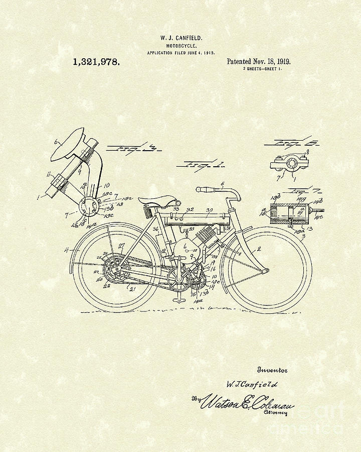 Motorcycle 1919 Patent Art Drawing by Prior Art Design