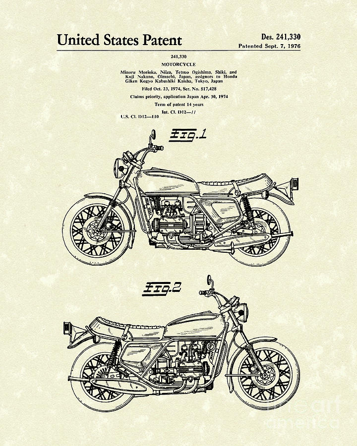 Motorcycle 1976 Patent Art Drawing by Prior Art Design
