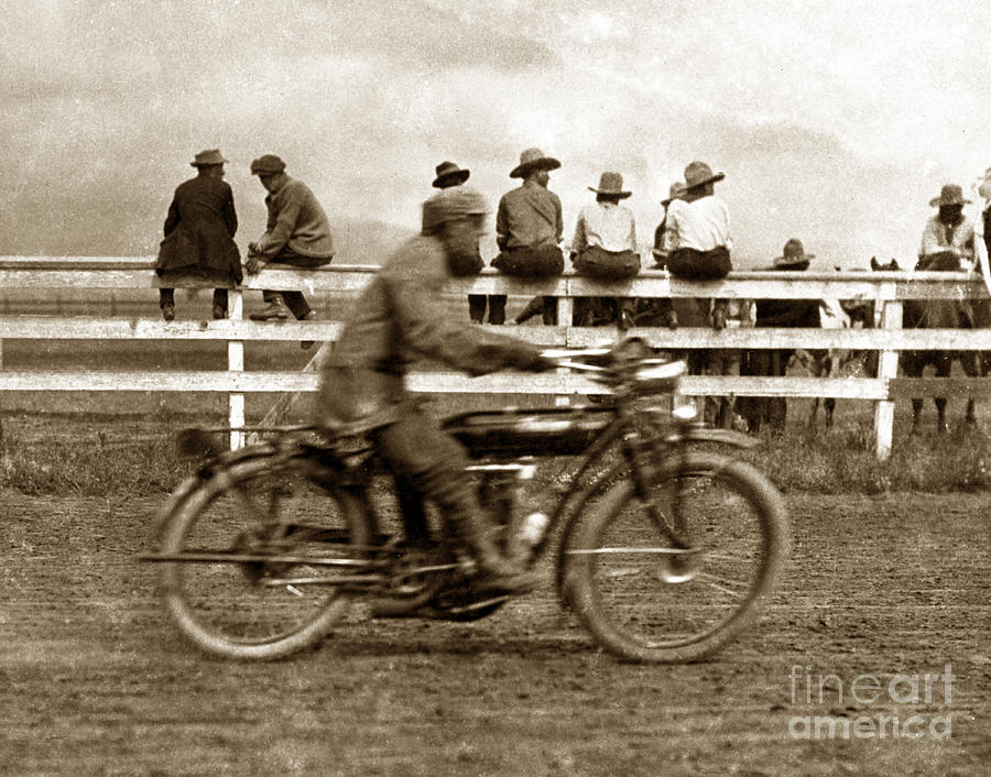 Motorcycle Photograph - Motorcycle at Salinas California Rodeo Grounds circa 1910 by Monterey County Historical Society