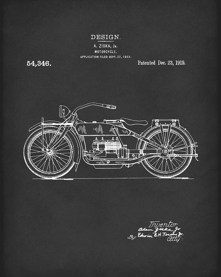 Motorcycle Design 1919 Patent Art Black Drawing by Prior Art Design