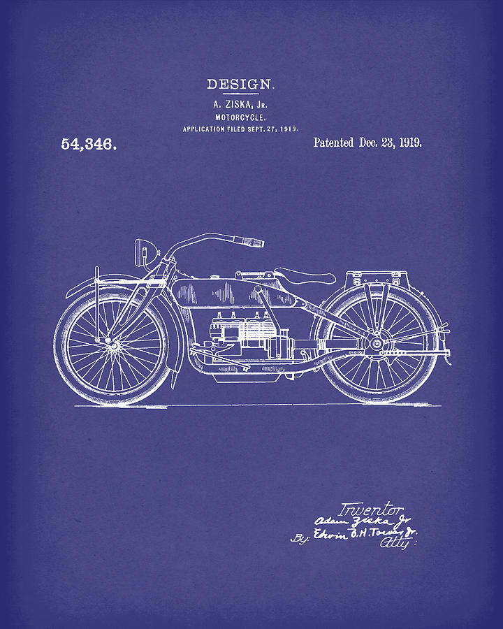 Motorcycle Design 1919 Patent Art Blue Drawing by Prior Art Design