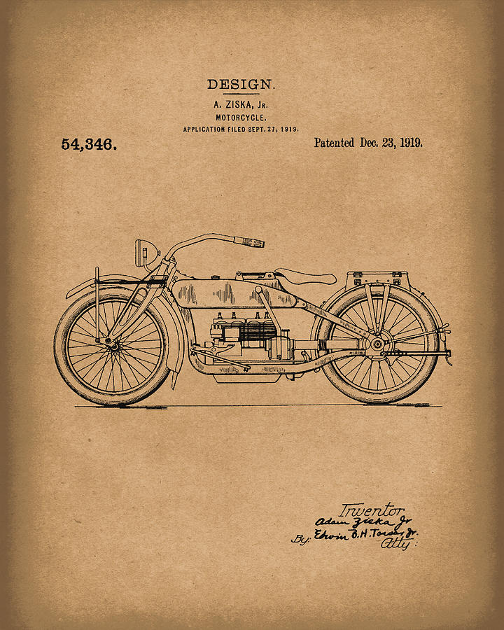Motorcycle Design 1919 Patent Art Brown Drawing by Prior Art Design