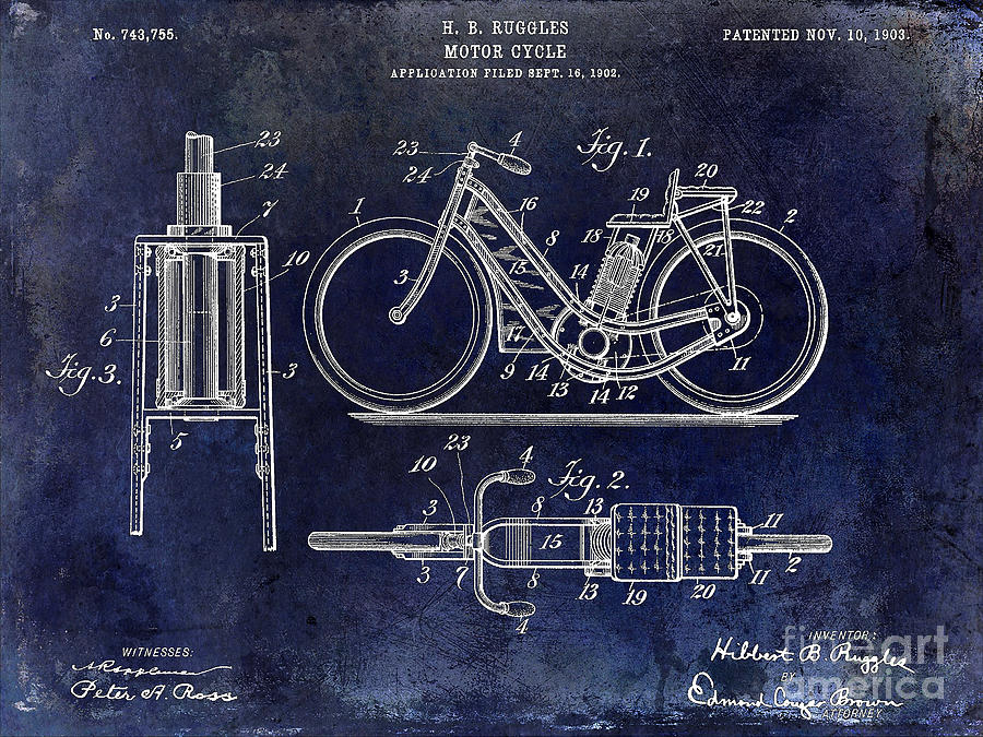 1903 Motorcycle Patent Blue Photograph by Jon Neidert