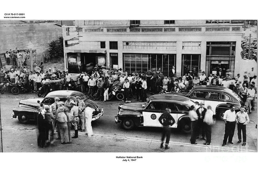 Car Photograph - Motorcycle rally Hollister California July 4, 1947 by Monterey County Historical Society
