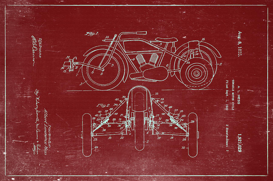 Vintage Photograph - Motorcycle Support Patent Drawing From 1932 3 by Samir Hanusa