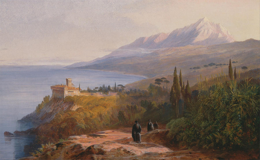 	Mount Athos and the Monastery of Stavronikita Painting by Edward Lear
