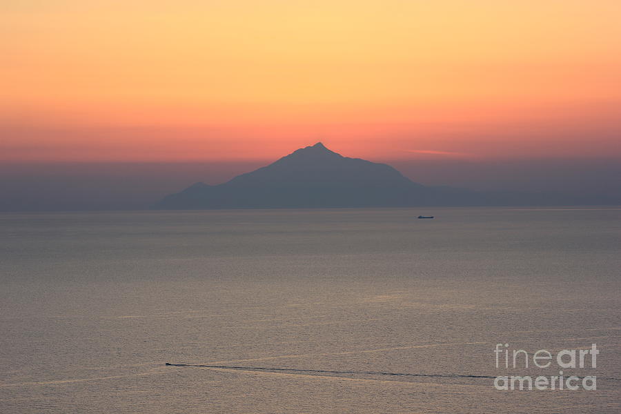 Boat Photograph - Mount Athos At Sunset by Vicki Spindler