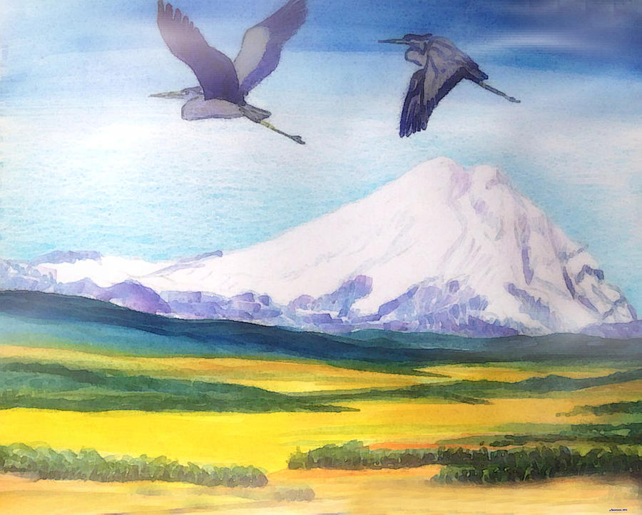 Mount Elbrus Watching Blue Herons Fly Over Sunflower Fields Painting by Anastasia Savage Ealy