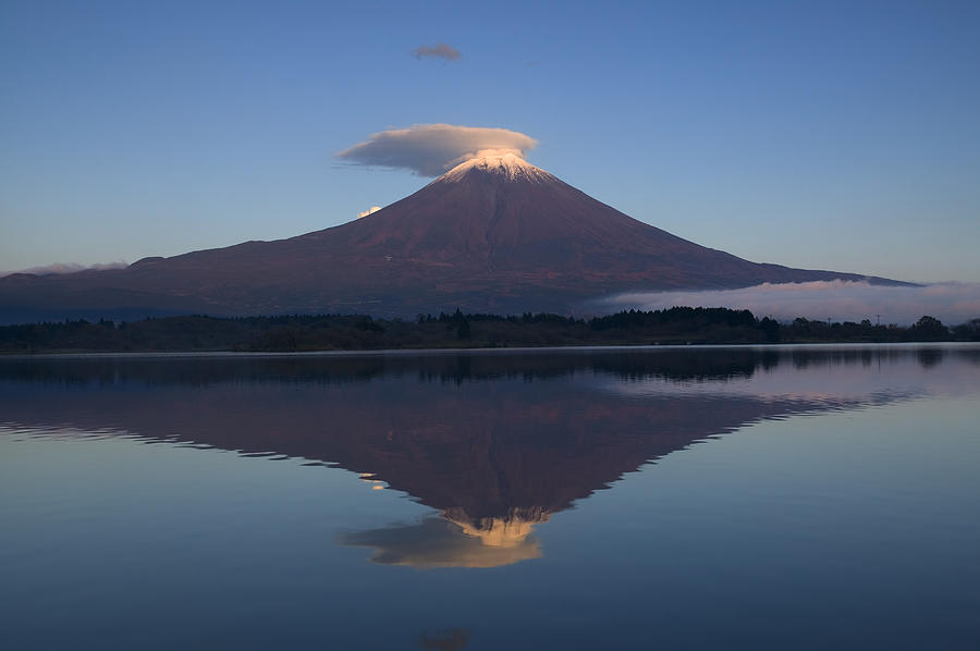 Mount Fuji reflected in Lake Motosu, Fuji-Hakone-Izu National Park, Honshu, Japan Photograph by Art Wolfe