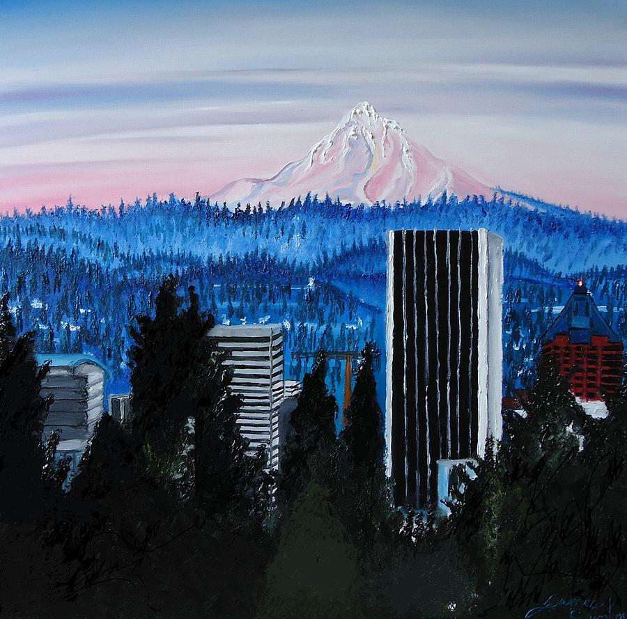 City Bridges Painting - Mount Hood Over City Of Portland by Dunbars Local Art Boutique