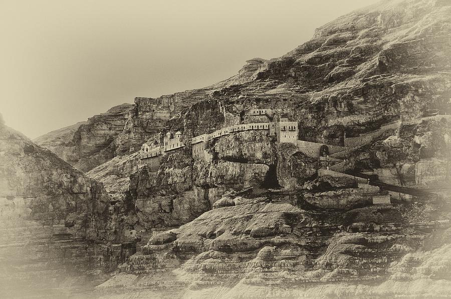Mount Of The Temptation Monestary Jericho Israel Antiqued Photograph by Mark Fuller