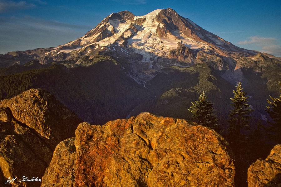 Mount Rainier at Sunset with Big Boulders in Foreground Photograph by Jeff Goulden