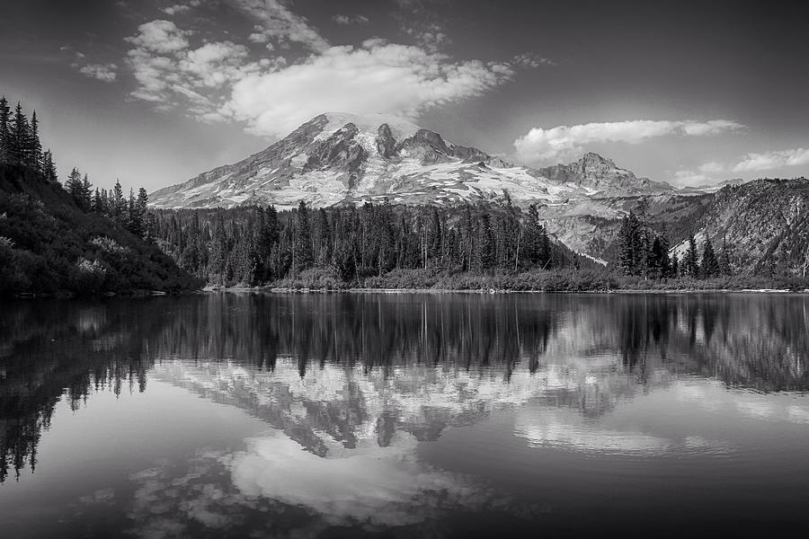 Mount Rainier Reflection in black and white Photograph by Lynn Hopwood