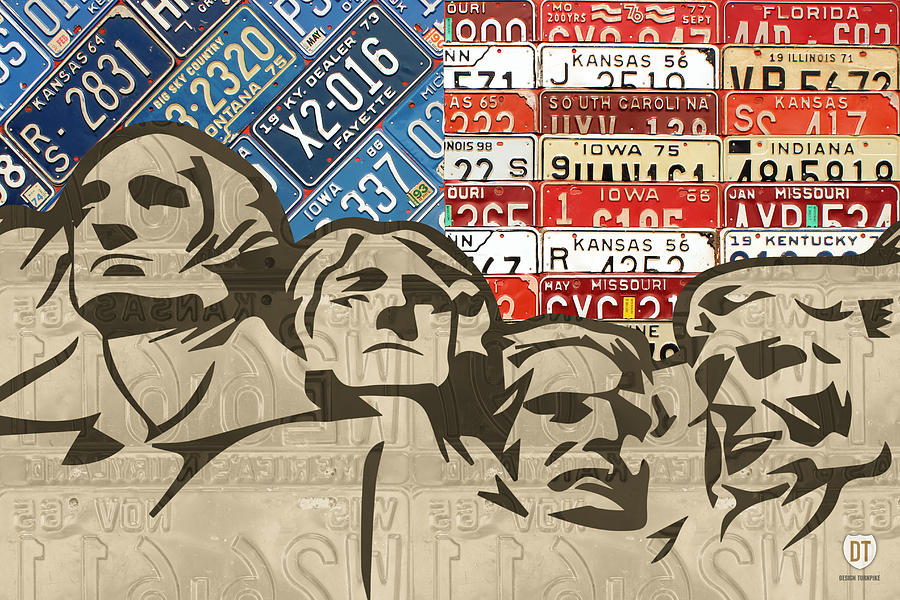 Vintage Mixed Media - Mount Rushmore Monument Vintage Recycled License Plate Art by Design Turnpike