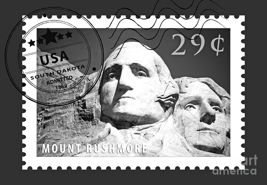 Rushmore Digital Art - Mount Rushmore Washington and Jefferson South Dakota Black and White Stamp Themed Poster by Shawn OBrien