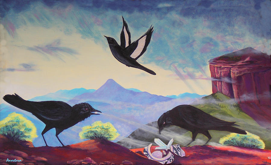 Mountain Bird Souvenirs White Winged Crow Square Top and Pagosa Peak Painting by Anastasia Savage Ealy