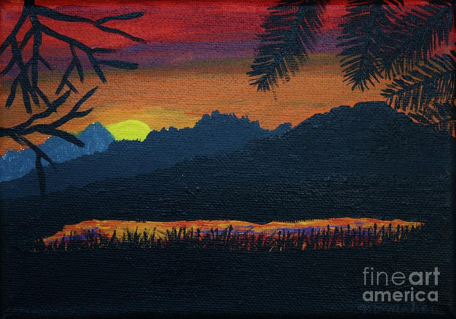 Sunset Painting - Mountain Lake at Sunset by Vicki Maheu