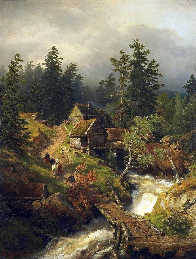 Mountain Landscape with Torrent and Water-mill Painting by MotionAge Designs