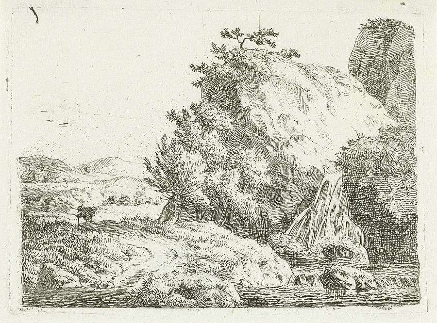 Mountain Landscape With Waterfall And Walker Drawing By Fr D Ric Th Odore Faber