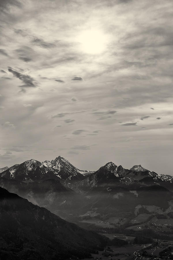 Black And White Photograph - Mountain Panorama at Sunset in Black and White by Francesco Rizzato