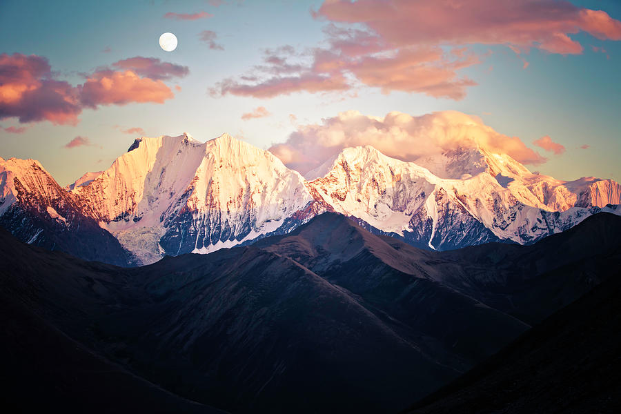 Mountain Peak In Sunset With Moonrise Photograph by 4x-image