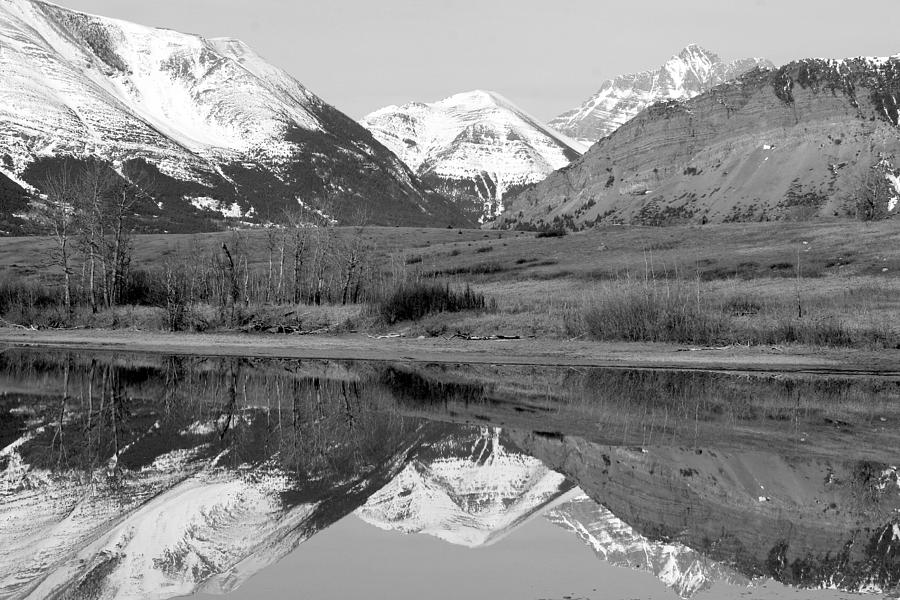 Mountain Mirror Reflection - Waterton National Park, Alberta - Black And White Photograph