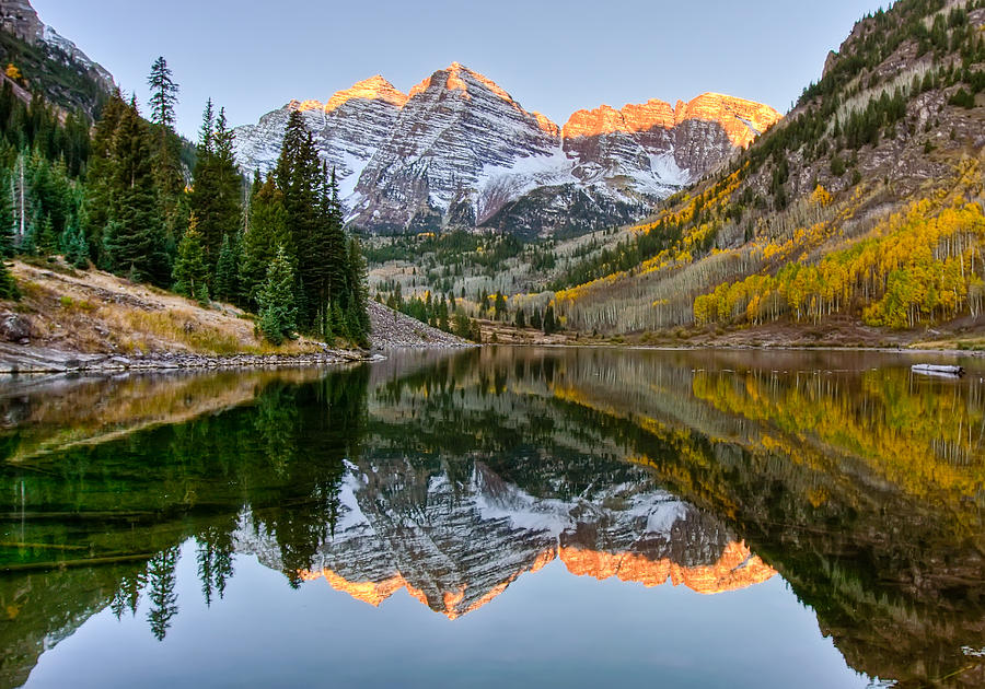 Mountain sunrise reflected on lake Photograph by Steve Whiston - Fallen Log Photography