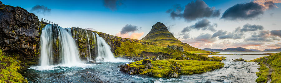 Mountain waterfalls below rocky peaks panorama at sunrise Kirkjufell Iceland Photograph by fotoVoyager
