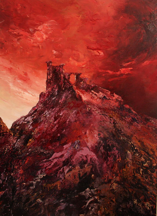 Mow Cop Castle Staffordshire in a Red Glow Painting by Jean Walker