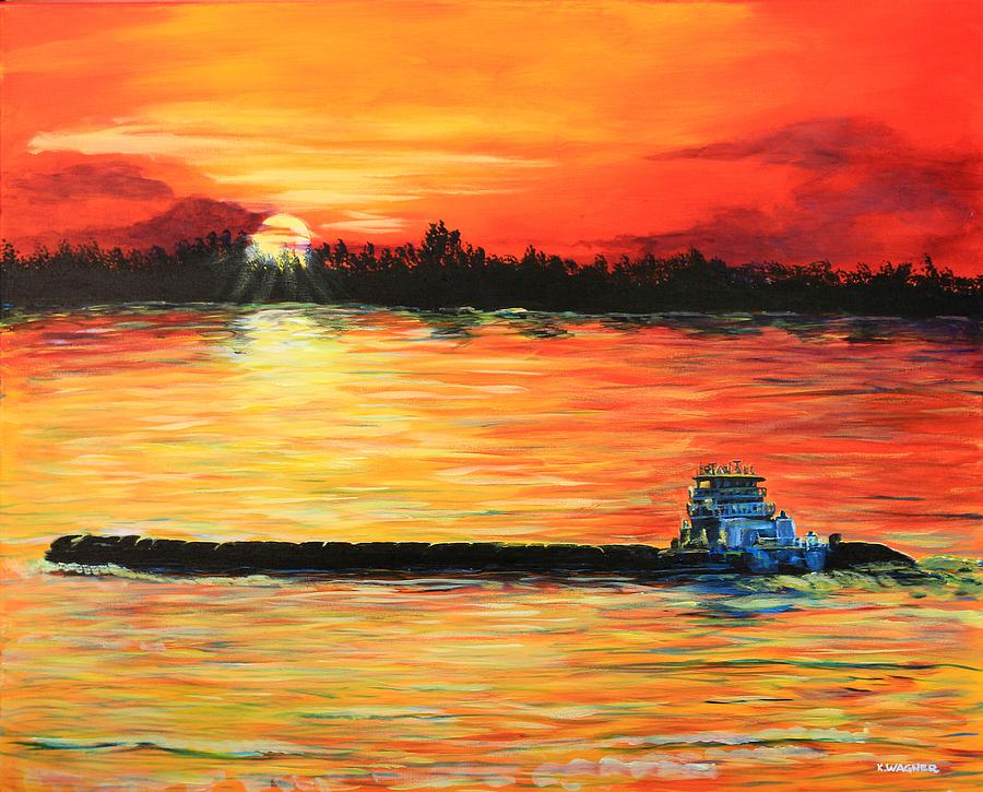 MS River Towboat Headed South Painting by Karl Wagner