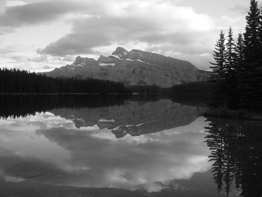 Moment of Calm - Mt. Rundle Sunset - Two Jack Lake, Banff, Alberta - Black and White Photograph by Ian McAdie