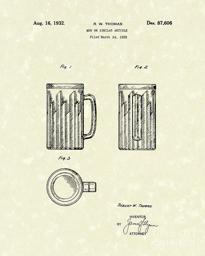 Mug 1932 Patent Art Drawing by Prior Art Design